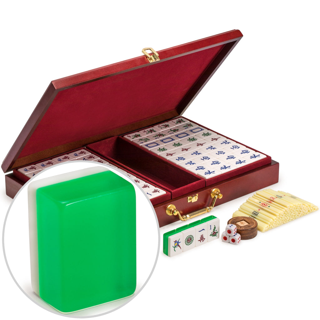 Classic Chinese Mahjong Game Set, "Emerald" - with 148 Translucent Green Tiles and Wooden Case-Yellow Mountain Imports-Yellow Mountain Imports