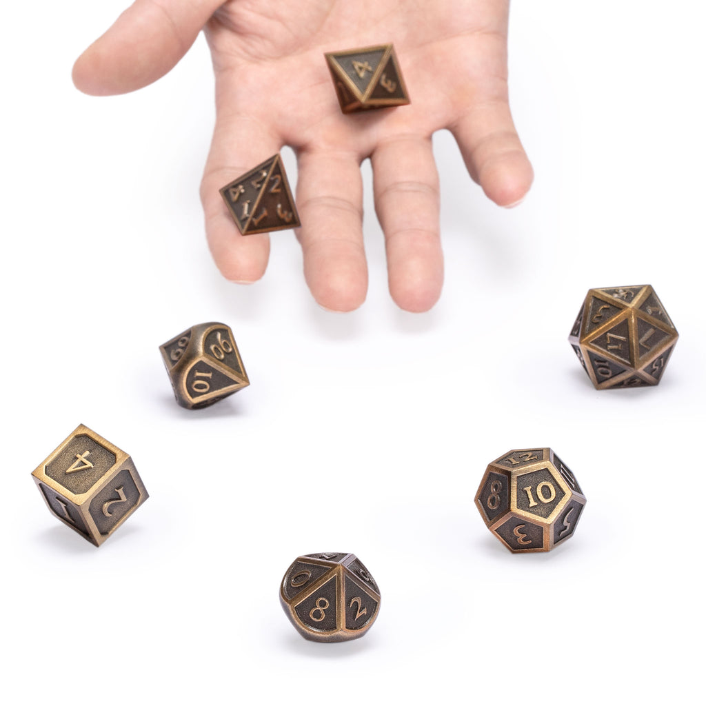 Collector's 7 Antique Gold Metal Dice Set with Storage Case, "Antiquity"-Yellow Mountain Imports-Yellow Mountain Imports