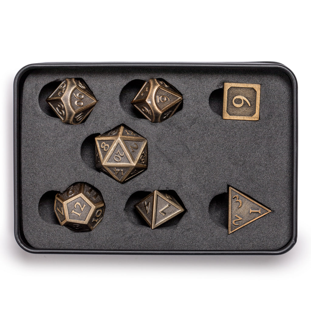 Collector's 7 Antique Gold Metal Dice Set with Storage Case, "Antiquity"-Yellow Mountain Imports-Yellow Mountain Imports
