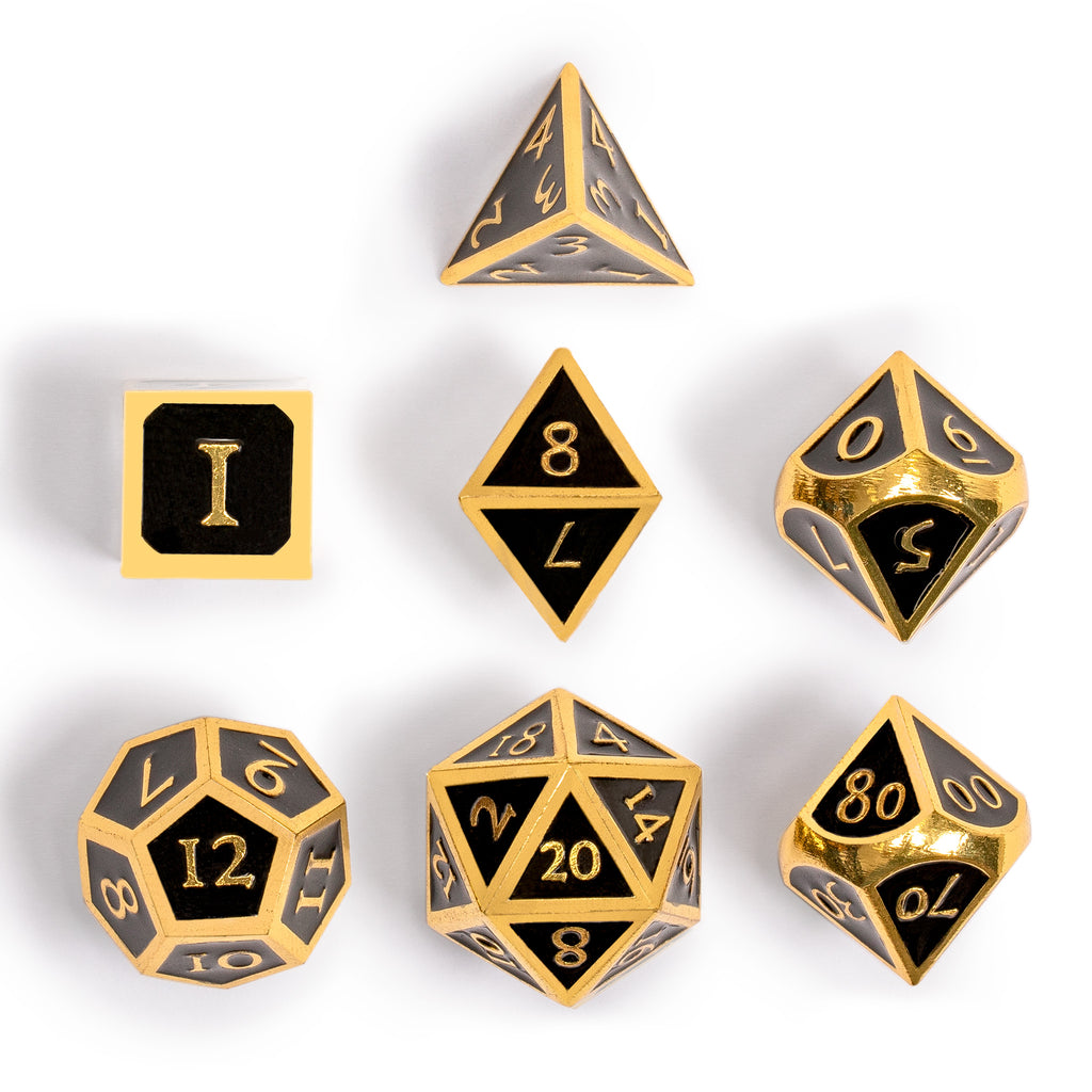 Collector's 7 Gold on Black Metal Dice Set with Storage Case, "Onyx"-Yellow Mountain Imports-Yellow Mountain Imports