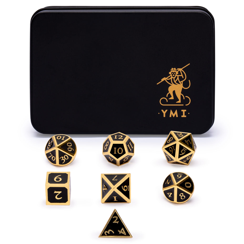 Collector's 7 Gold on Black Metal Dice Set with Storage Case, "Onyx"-Yellow Mountain Imports-Yellow Mountain Imports