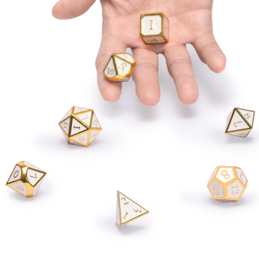 Collector's 7 Gold on White Metal Dice Set with Storage Case, "Calacatta"-Yellow Mountain Imports-Yellow Mountain Imports