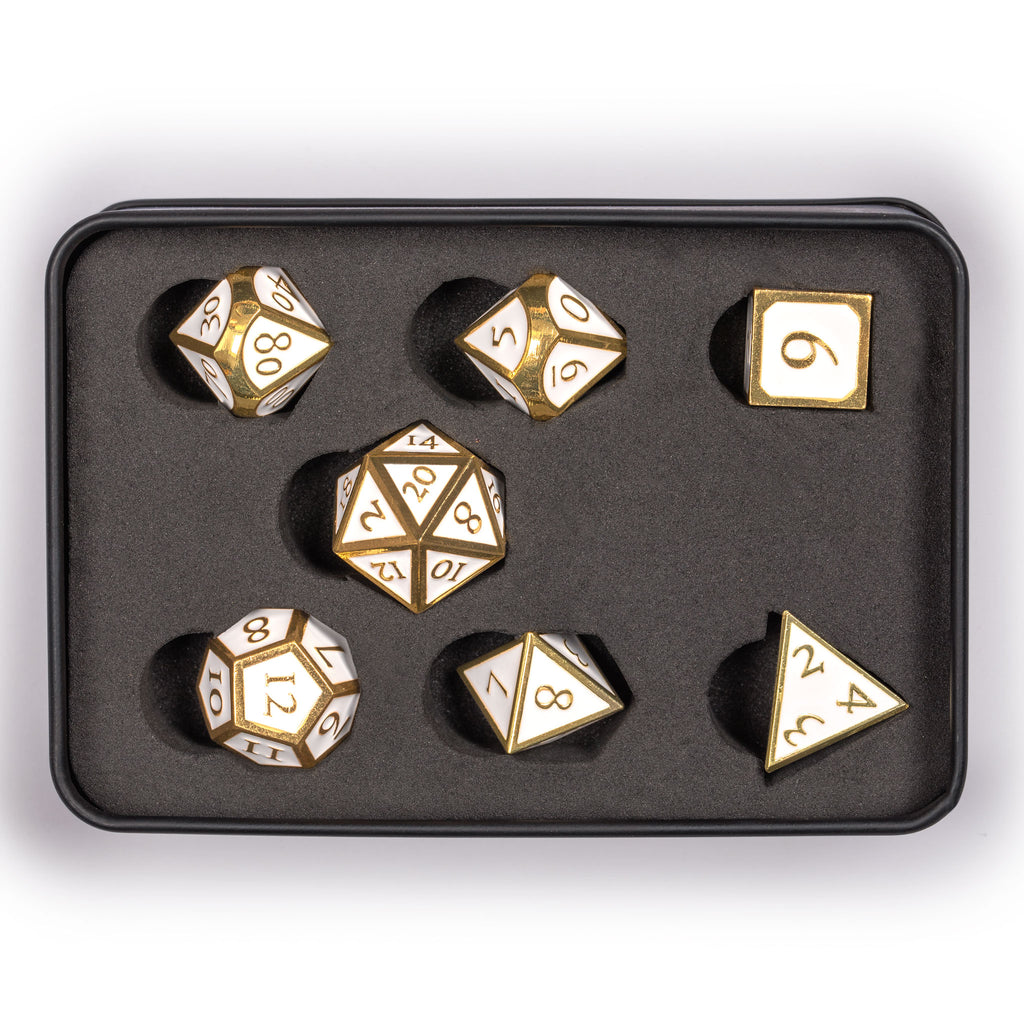 Collector's 7 Gold on White Metal Dice Set with Storage Case, "Calacatta"-Yellow Mountain Imports-Yellow Mountain Imports