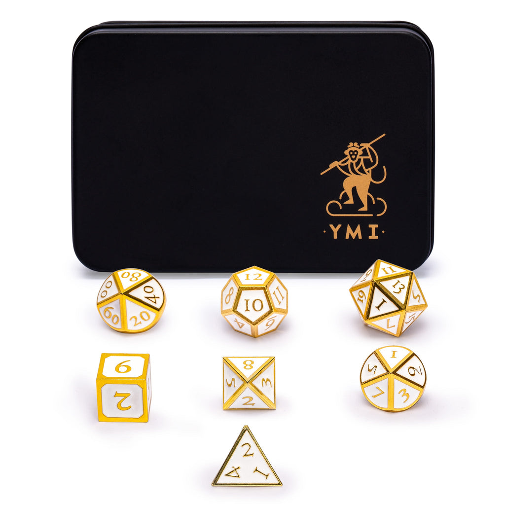Collector's 7 Gold on White Metal Dice Set with Storage Case, "Calacatta"-Yellow Mountain Imports-Yellow Mountain Imports