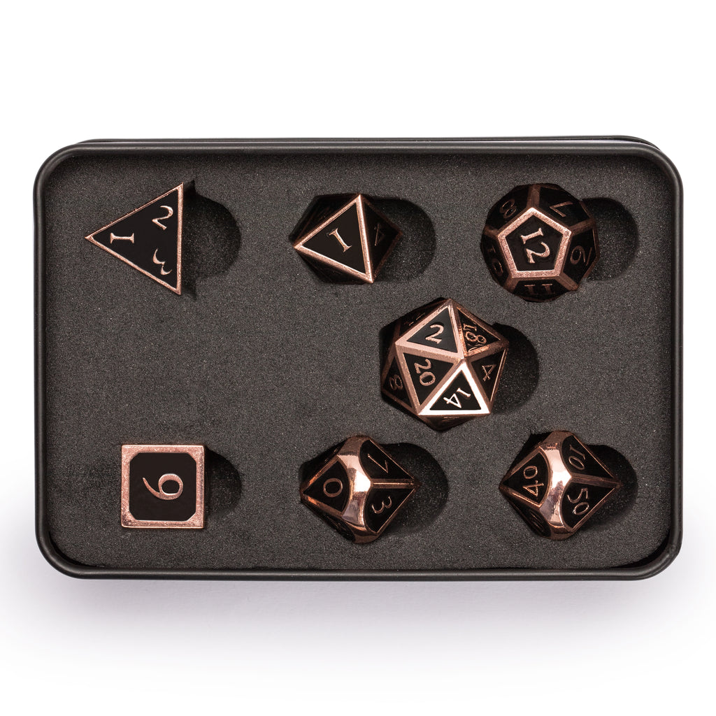 Collector's 7 Rose Copper on Black Metal Dice Set with Storage Case, "Copper Rose" for Role Playing Games (RPG), DND, MTG, and Other Dice Games-Yellow Mountain Imports-Yellow Mountain Imports
