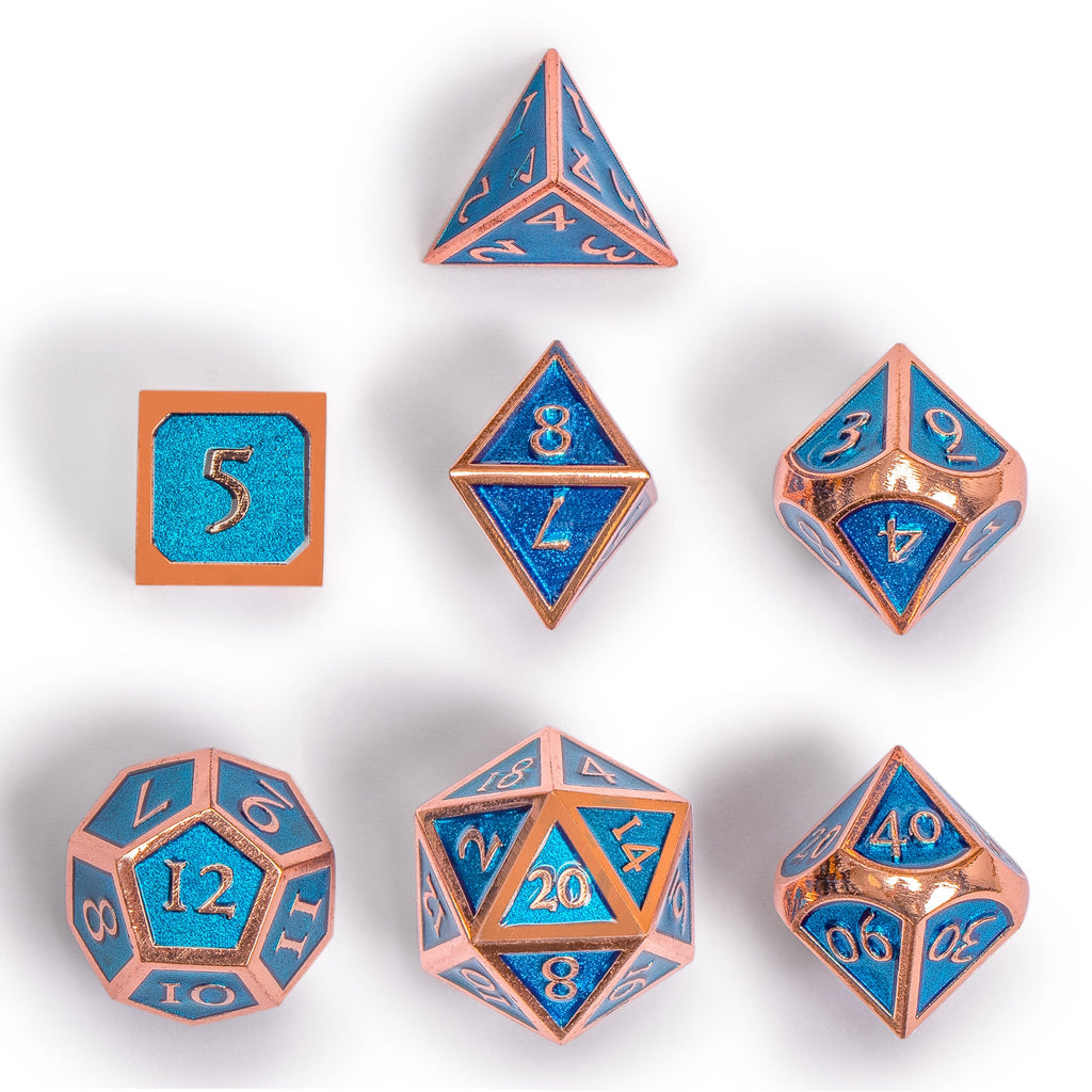 Collector's 7 Rose Gold on Blue Metal Dice Set with Storage Case, "Arabasque"-Yellow Mountain Imports-Yellow Mountain Imports