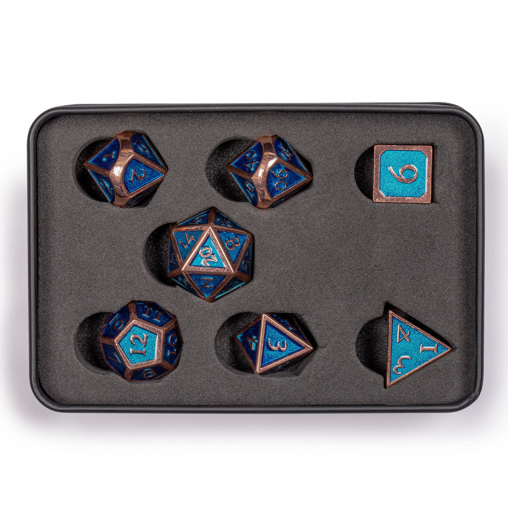 Collector's 7 Rose Gold on Blue Metal Dice Set with Storage Case, "Arabasque"-Yellow Mountain Imports-Yellow Mountain Imports