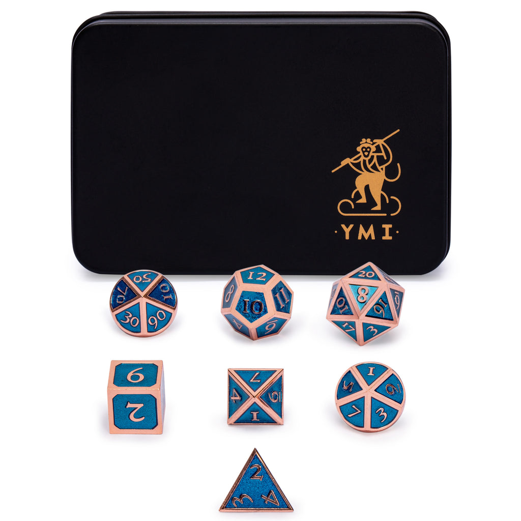 Collector's 7 Rose Gold on Blue Metal Dice Set with Storage Case, "Arabasque"-Yellow Mountain Imports-Yellow Mountain Imports