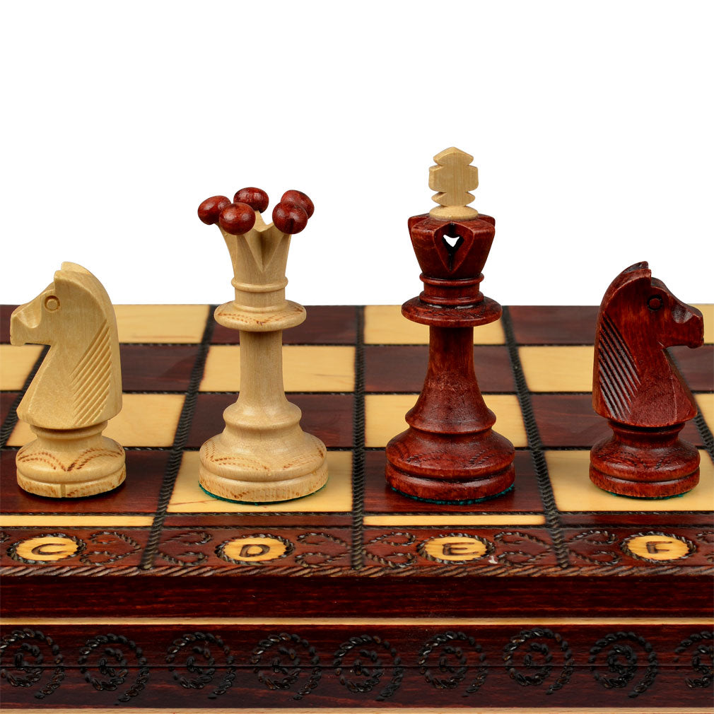 Wegiel Royal 48 European Wooden Chess Set - Handmade Hornbeam & Sycamore Pieces - Folding Storage Board