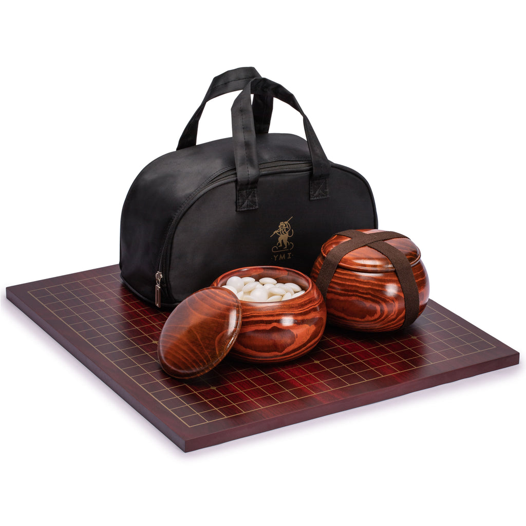 Dark Cherry Veneer 0.6-Inch Reversible Go Game Set Board with Double Convex Melamine Stones & Jujube Bowls-Yellow Mountain Imports-Yellow Mountain Imports