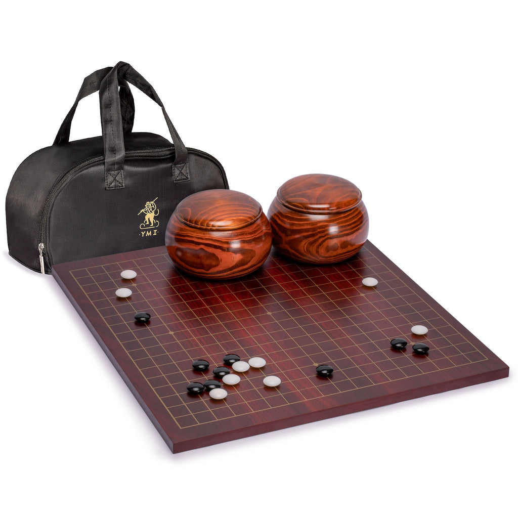 Dark Cherry Veneer 0.6-Inch Reversible Go Game Set Board with Double Convex Melamine Stones & Jujube Bowls-Yellow Mountain Imports-Yellow Mountain Imports