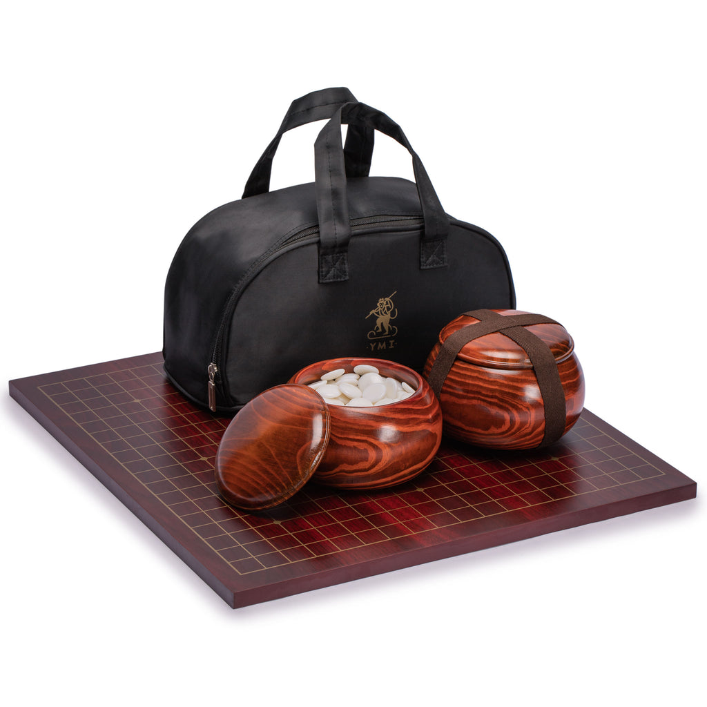 Dark Cherry Veneer 0.6-Inch Reversible Go Game Set Board with Single Convex Melamine Stones and Jujube Bowls-Yellow Mountain Imports-Yellow Mountain Imports