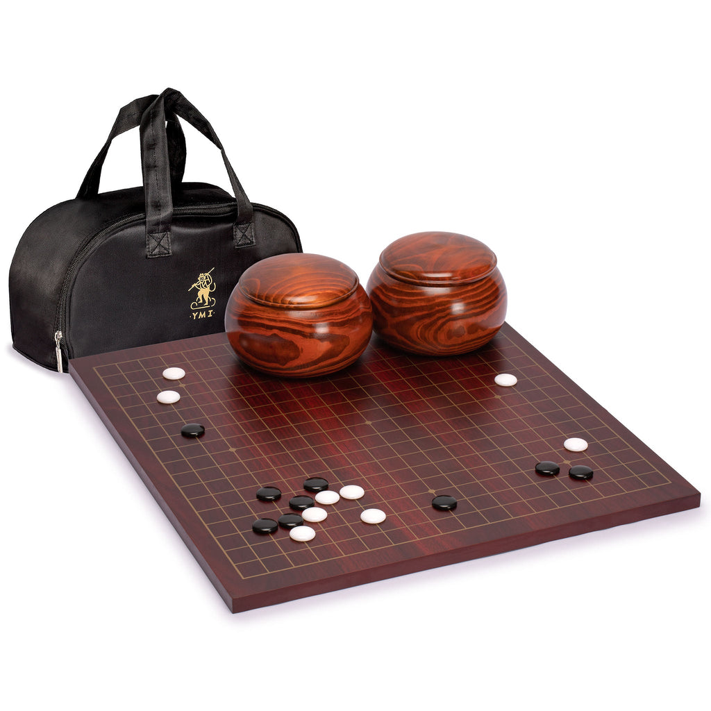 Dark Cherry Veneer 0.6-Inch Reversible Go Game Set Board with Single Convex Melamine Stones and Jujube Bowls-Yellow Mountain Imports-Yellow Mountain Imports