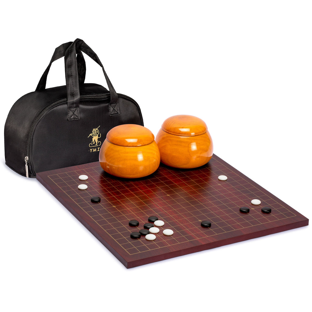Dark Cherry Veneer 0.6-Inch Reversible Go Game Set Board with Single Convex Yunzi Stones and Jujube Bowls-Yellow Mountain Imports-Yellow Mountain Imports