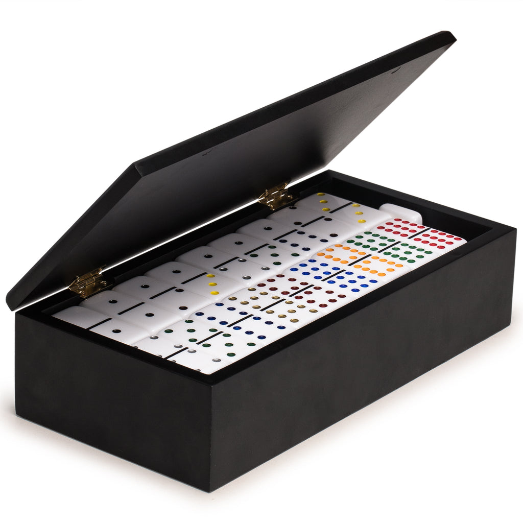 Double 12 Colored Pips/Dots Dominoes in Black Lacquer Case-Yellow Mountain Imports-Yellow Mountain Imports