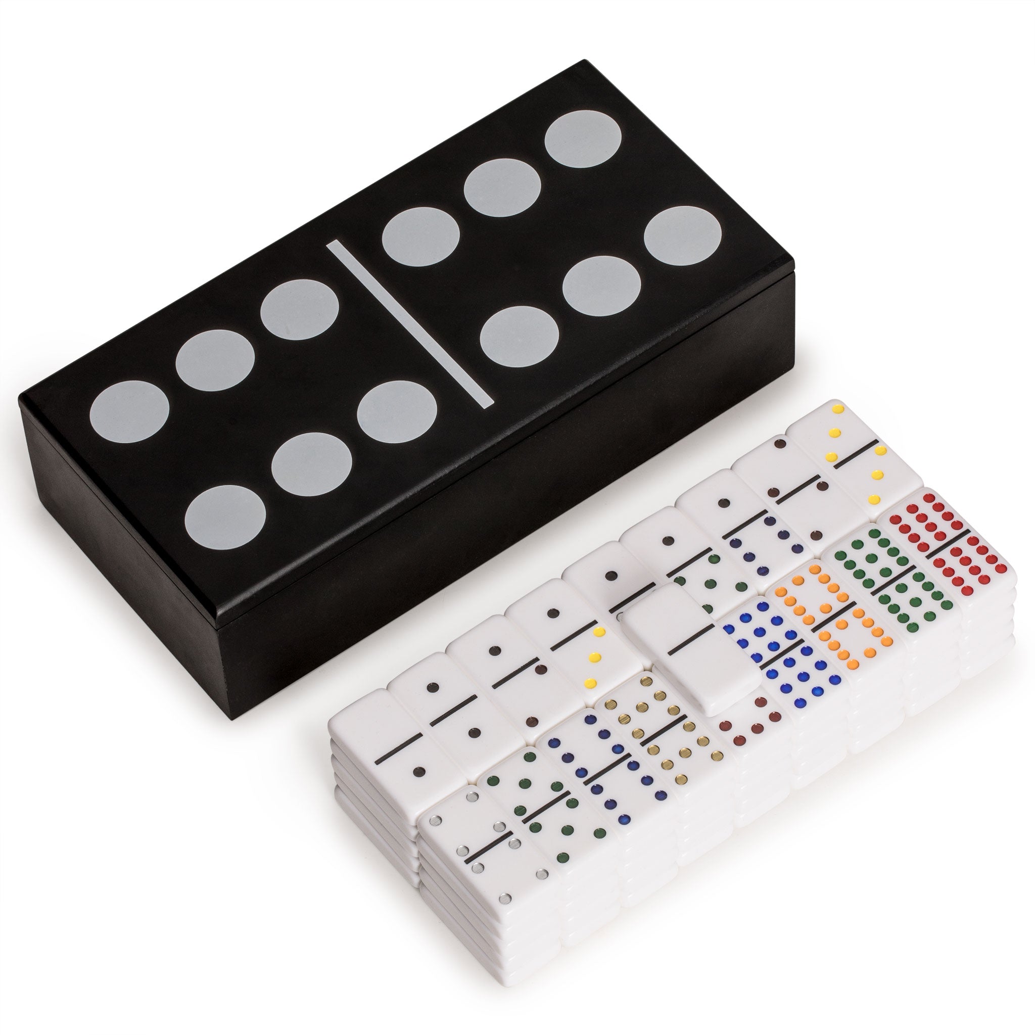 Double 12 Colored Pips/Dots Dominoes in Black Lacquer Case – Yellow  Mountain Imports