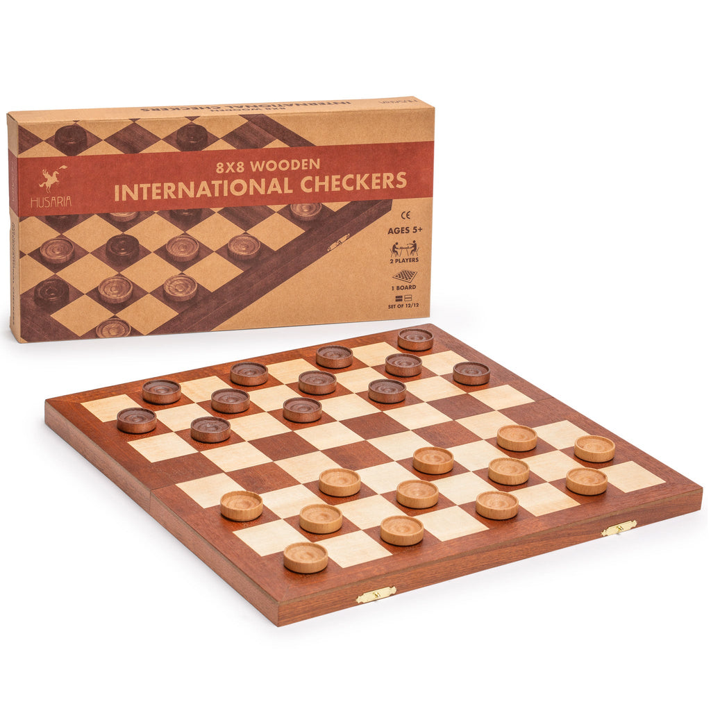 Husaria 14.2" International Checkers Folding Wooden Game Set - 8x8 Board-Husaria-Yellow Mountain Imports