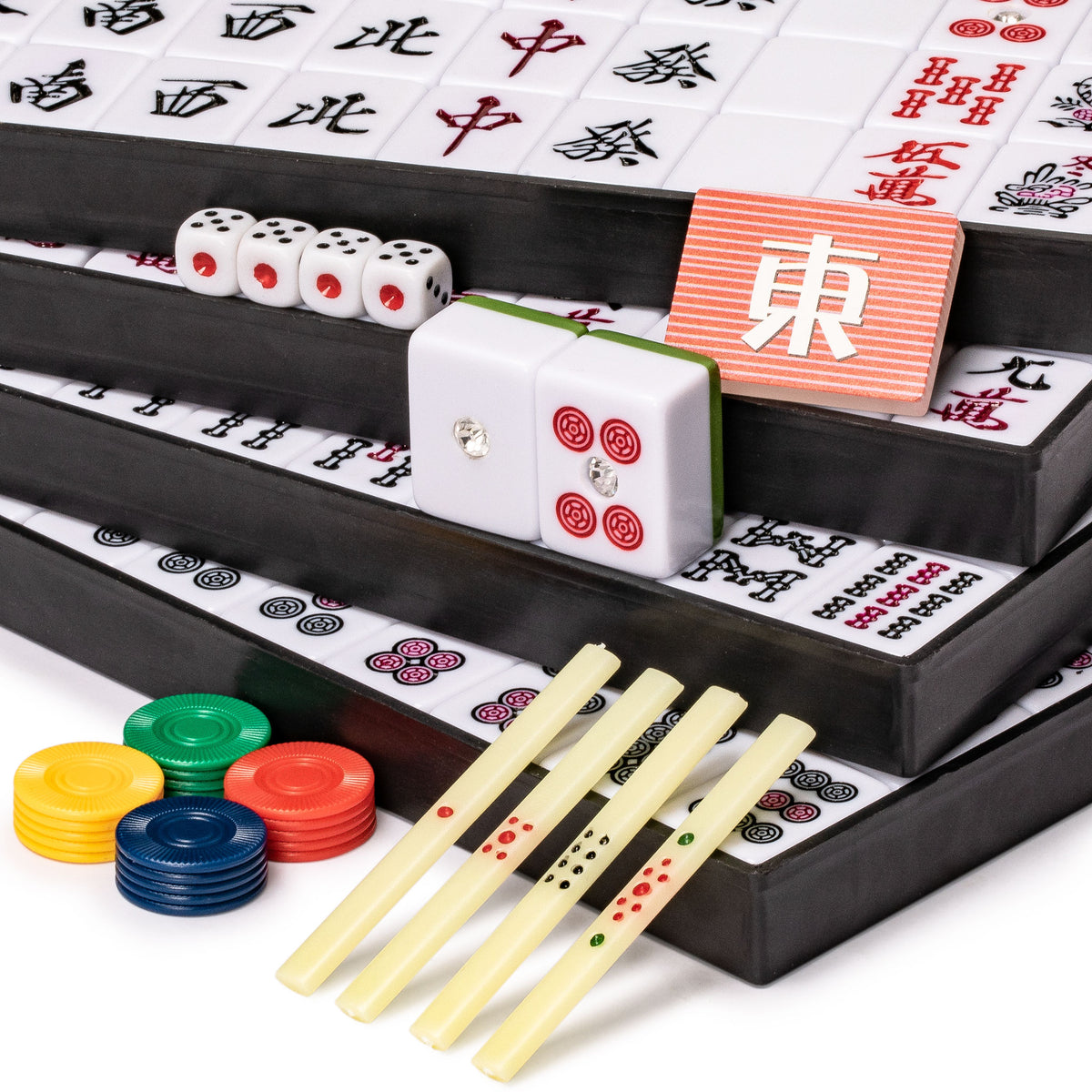 Japanese Riichi Mahjong Set - Large White and Green Tiles, Vinyl Case ...