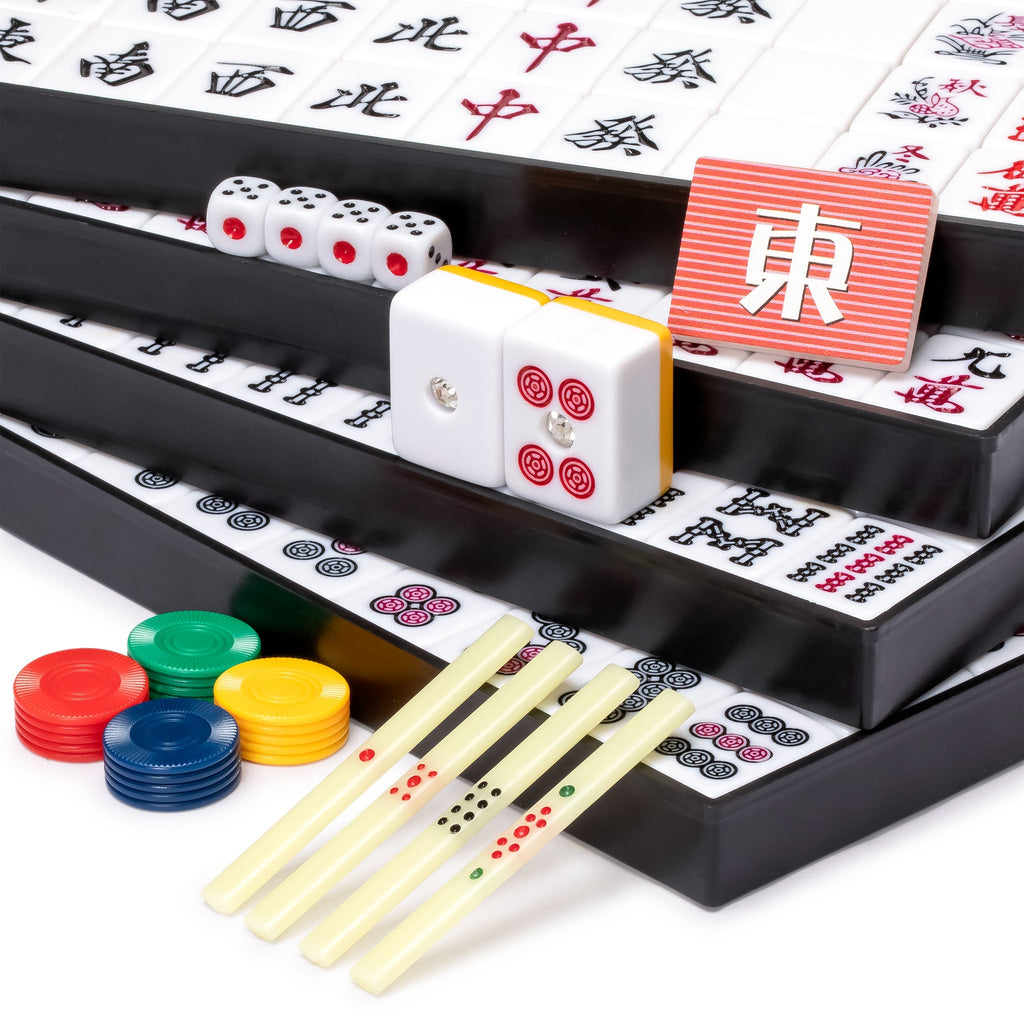 Japanese Riichi Mahjong Set - White and Yellow Large Size Tiles and Vinyl Case - with East Wind Tile, Set of Scoring Sticks, and Dice-Yellow Mountain Imports-Yellow Mountain Imports