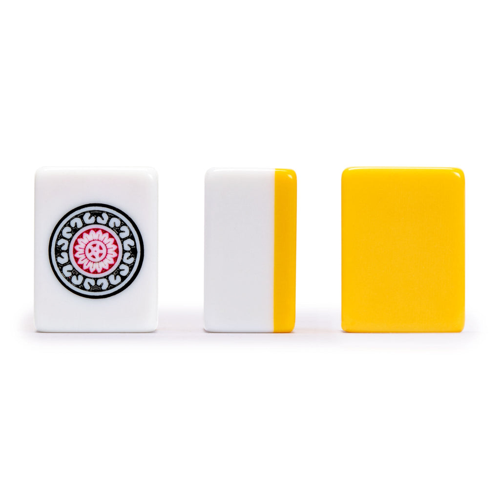 Japanese Riichi Mahjong Set - White and Yellow Large Size Tiles and Vinyl Case - with East Wind Tile, Set of Scoring Sticks, and Dice-Yellow Mountain Imports-Yellow Mountain Imports