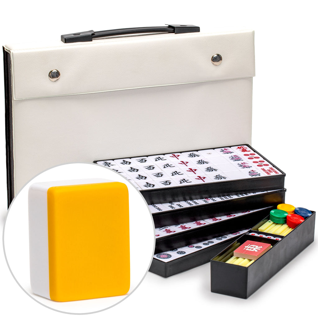 Japanese Riichi Mahjong Set - White and Yellow Large Size Tiles and Vinyl Case - with East Wind Tile, Set of Scoring Sticks, and Dice-Yellow Mountain Imports-Yellow Mountain Imports