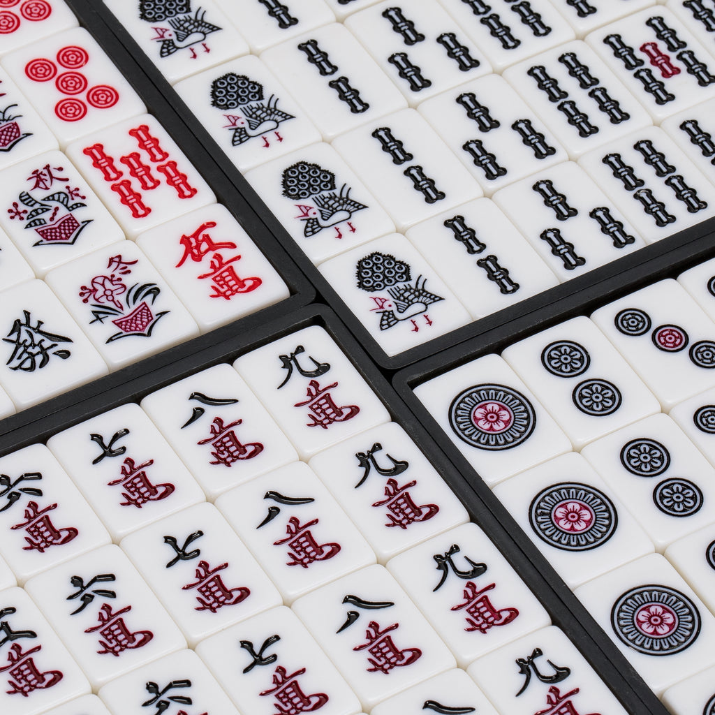 Japanese Riichi Mahjong Set - White and Yellow Standard Size Tiles with Black Vinyl Case - with East Wind Tile, Set of Scoring Sticks, and Dice-Yellow Mountain Imports-Yellow Mountain Imports