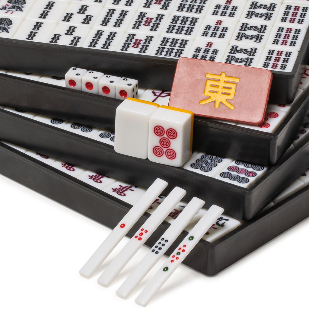 Japanese Riichi Mahjong Set - White and Yellow Standard Size Tiles with Black Vinyl Case - with East Wind Tile, Set of Scoring Sticks, and Dice-Yellow Mountain Imports-Yellow Mountain Imports