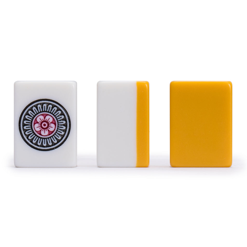 Japanese Riichi Mahjong Set - White and Yellow Standard Size Tiles with Black Vinyl Case - with East Wind Tile, Set of Scoring Sticks, and Dice-Yellow Mountain Imports-Yellow Mountain Imports