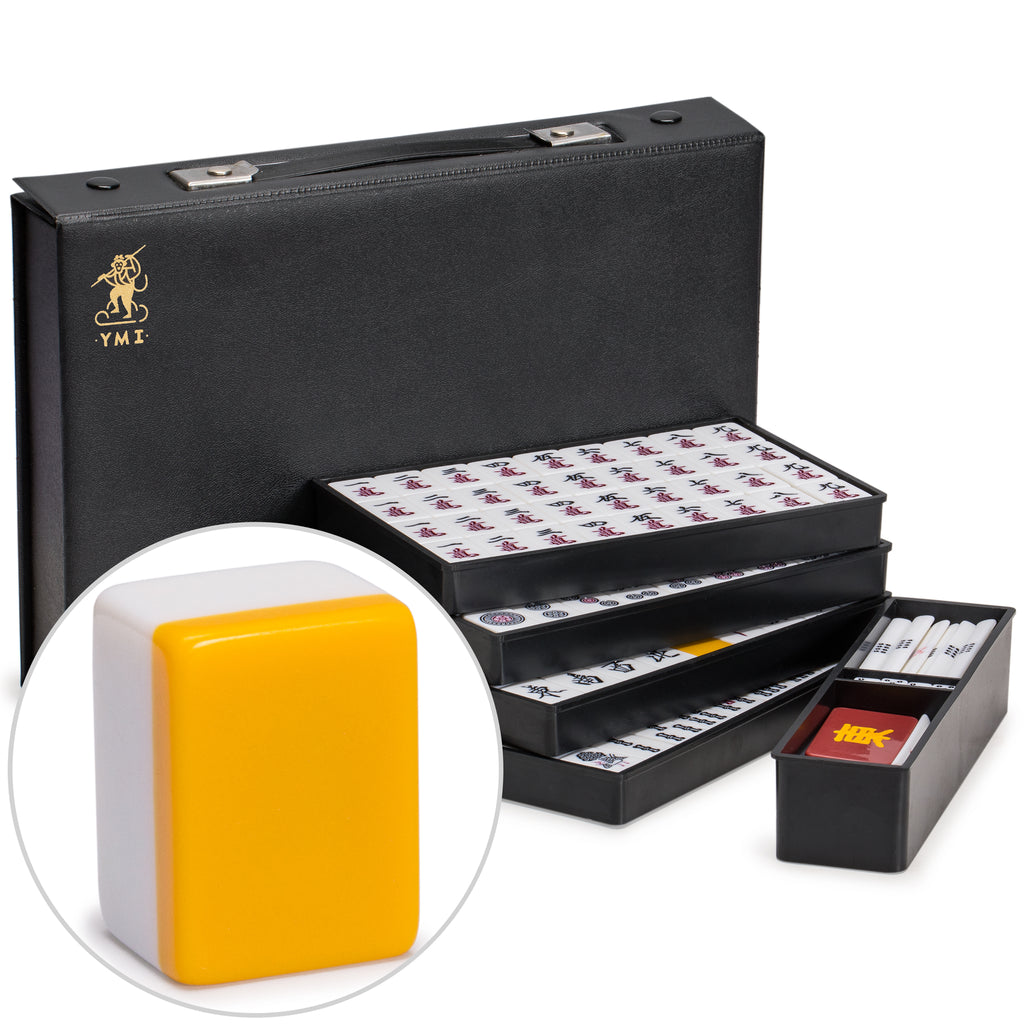 Japanese Riichi Mahjong Set - White and Yellow Standard Size Tiles with Black Vinyl Case - with East Wind Tile, Set of Scoring Sticks, and Dice-Yellow Mountain Imports-Yellow Mountain Imports