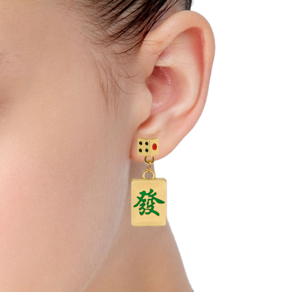 Mahjong Green Dragon Tile - Fa "Prosper" - Earrings-Yellow Mountain Imports-Yellow Mountain Imports