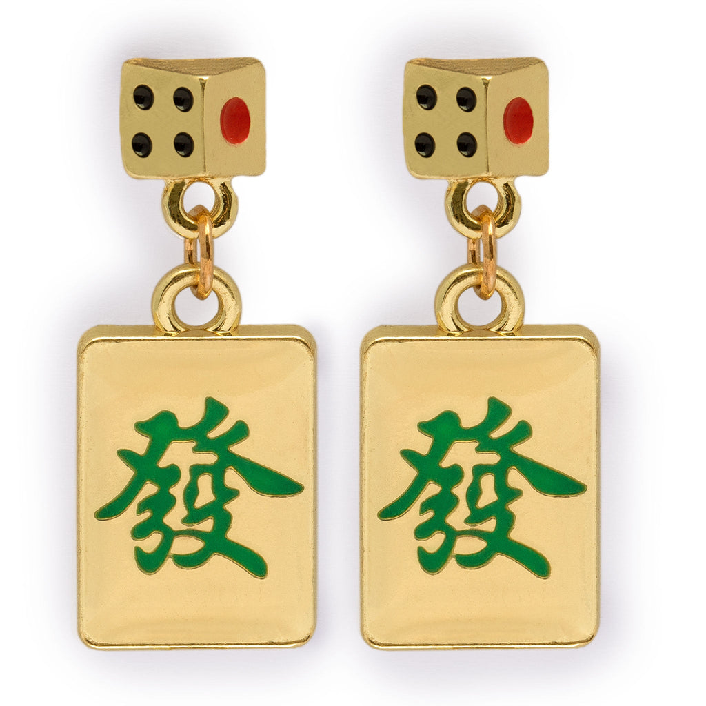 Mahjong Green Dragon Tile - Fa "Prosper" - Earrings-Yellow Mountain Imports-Yellow Mountain Imports