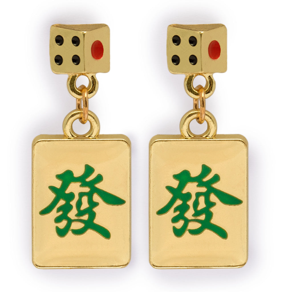 Mahjong Green Dragon Tile - Fa "Prosper" - Earrings-Yellow Mountain Imports-Yellow Mountain Imports