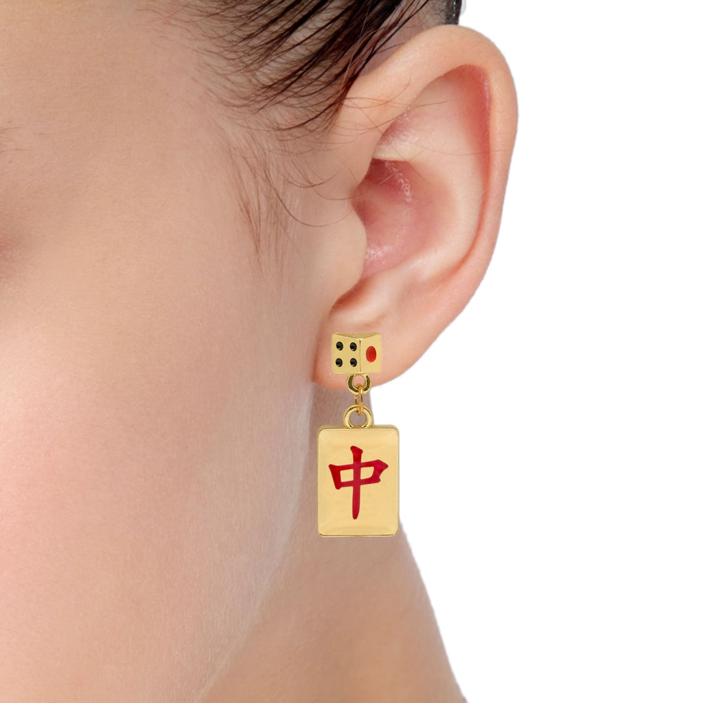 Mahjong Red Dragon Tile - Zhong - Earrings-Yellow Mountain Imports-Yellow Mountain Imports