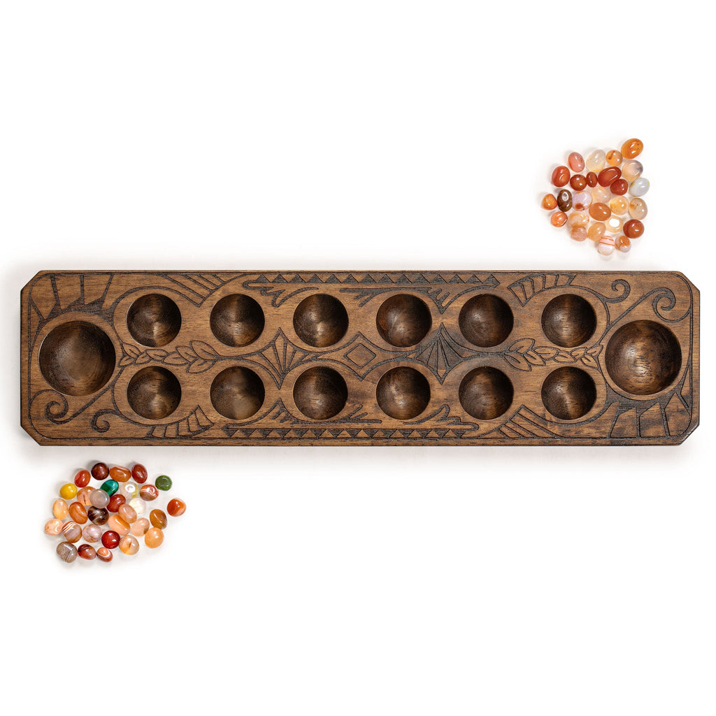 Mancala Set With Solid Wood Board and Quartz Pebble Playing Pieces-Yellow Mountain Imports-Yellow Mountain Imports