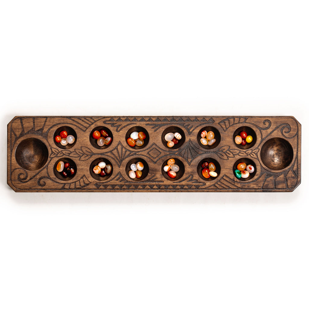 Mancala Set With Solid Wood Board and Quartz Pebble Playing Pieces-Yellow Mountain Imports-Yellow Mountain Imports