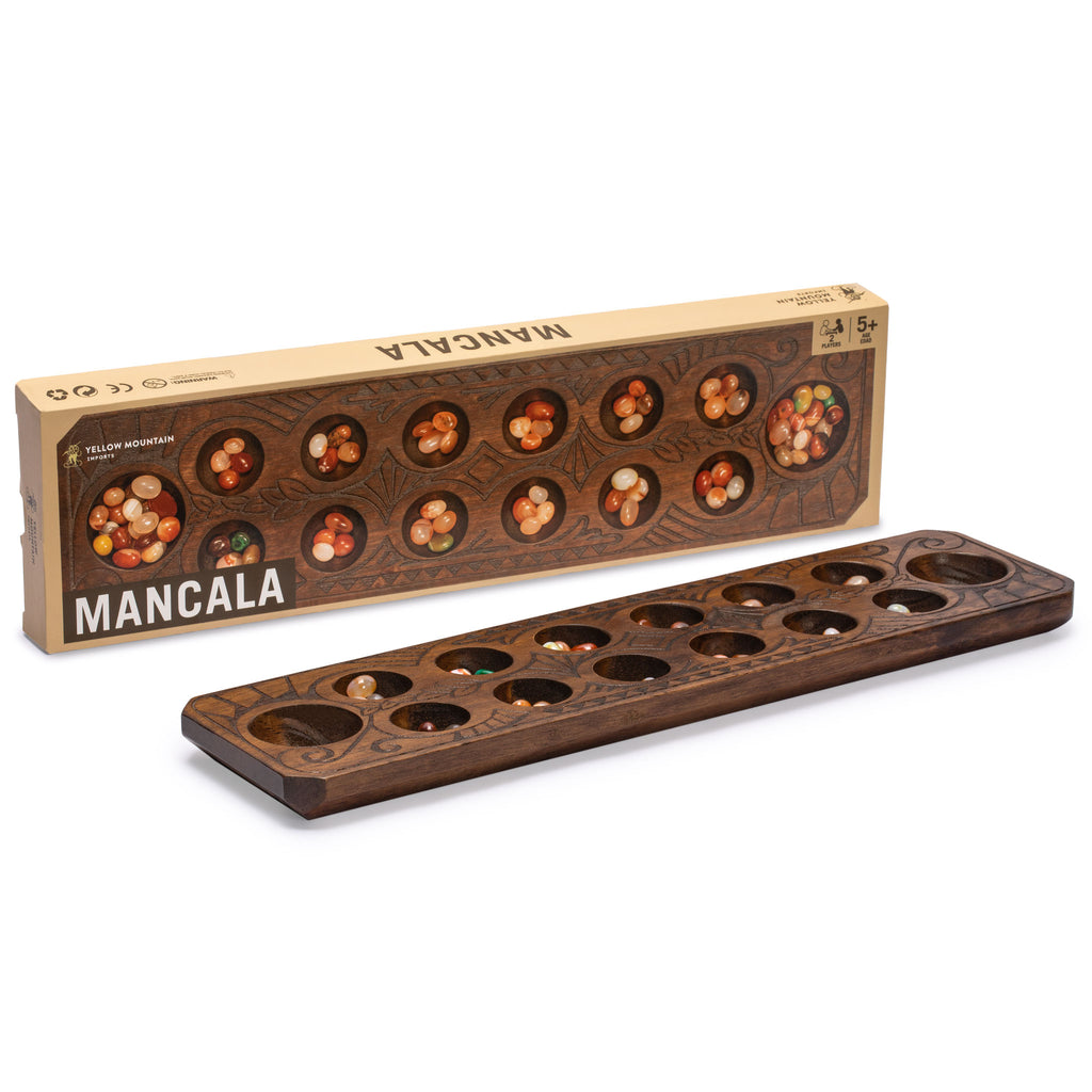 Mancala Set With Solid Wood Board and Quartz Pebble Playing Pieces-Yellow Mountain Imports-Yellow Mountain Imports