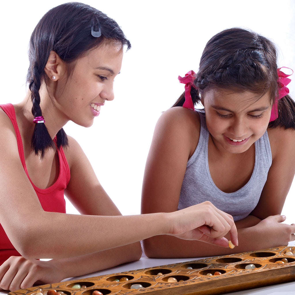 Mancala Set With Solid Wood Board and Quartz Pebble Playing Pieces-Yellow Mountain Imports-Yellow Mountain Imports