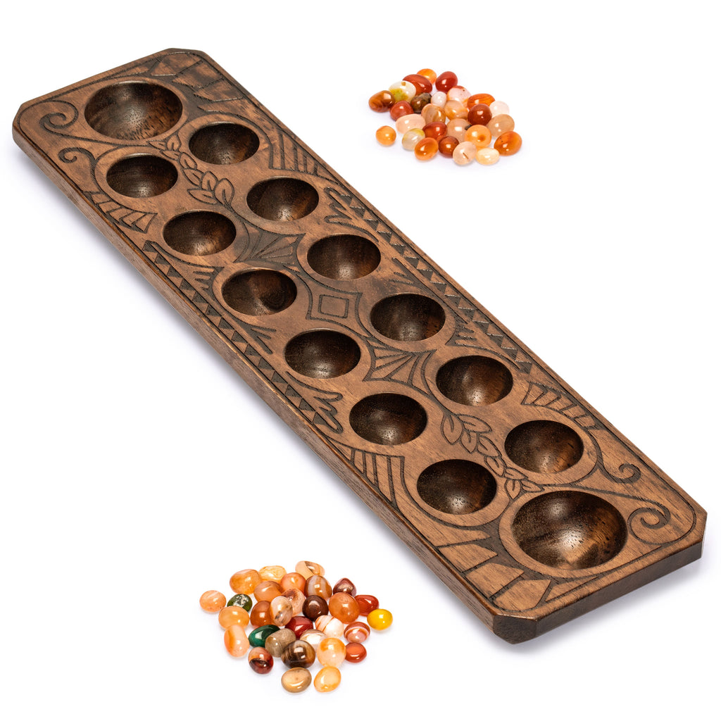 Mancala Set With Solid Wood Board and Quartz Pebble Playing Pieces-Yellow Mountain Imports-Yellow Mountain Imports