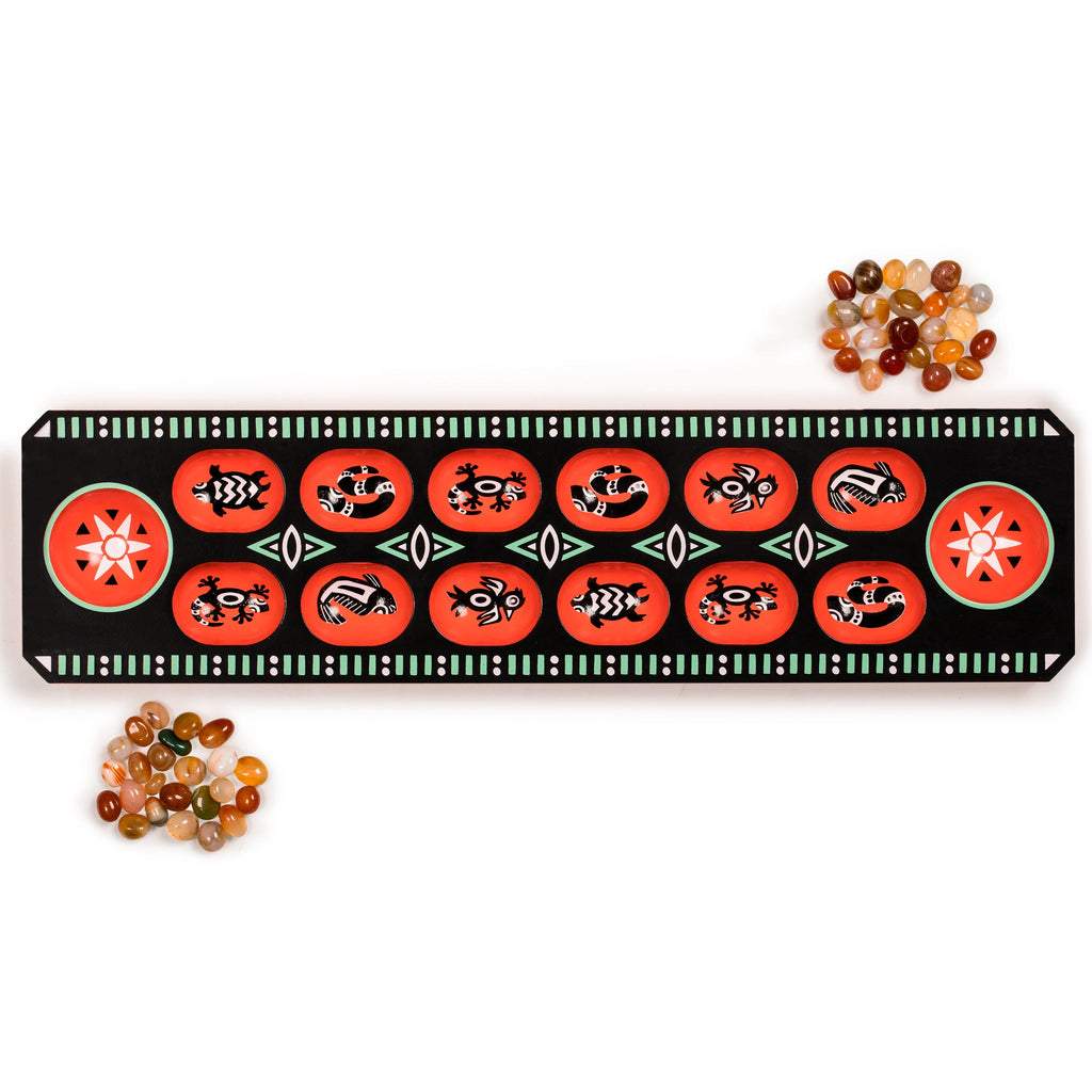 Mancala Set with Wooden Lacquer Board and Quartz Pebble Playing Pieces, "Gebeta"-Yellow Mountain Imports-Yellow Mountain Imports