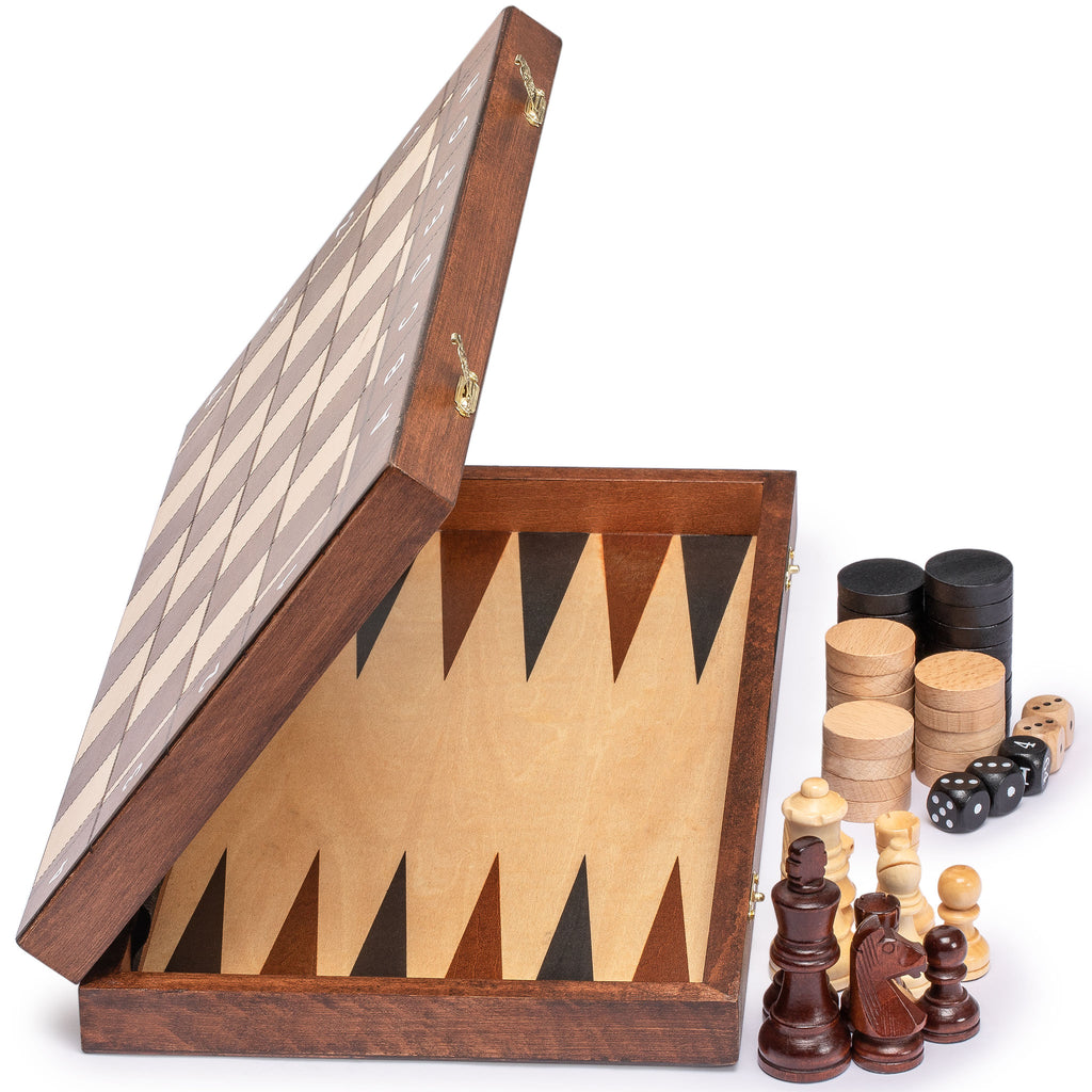 Medium 3-in-1 Wooden Chess, Checkers, and Backgammon Board Game Set - 16"-Husaria-Yellow Mountain Imports