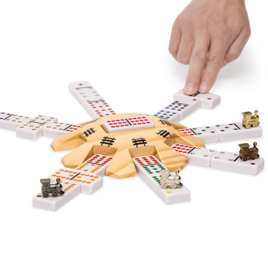 Mexican Train Complete Set with Double 12 Dominoes (Pips/Dots), Wooden Hub, Die Cast Train Markers, and Scorepad-Yellow Mountain Imports-Yellow Mountain Imports