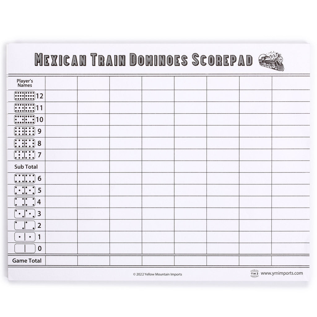 Mexican Train Complete Set with Double 12 Dominoes (Pips/Dots), Wooden Hub, Die Cast Train Markers, and Scorepad-Yellow Mountain Imports-Yellow Mountain Imports