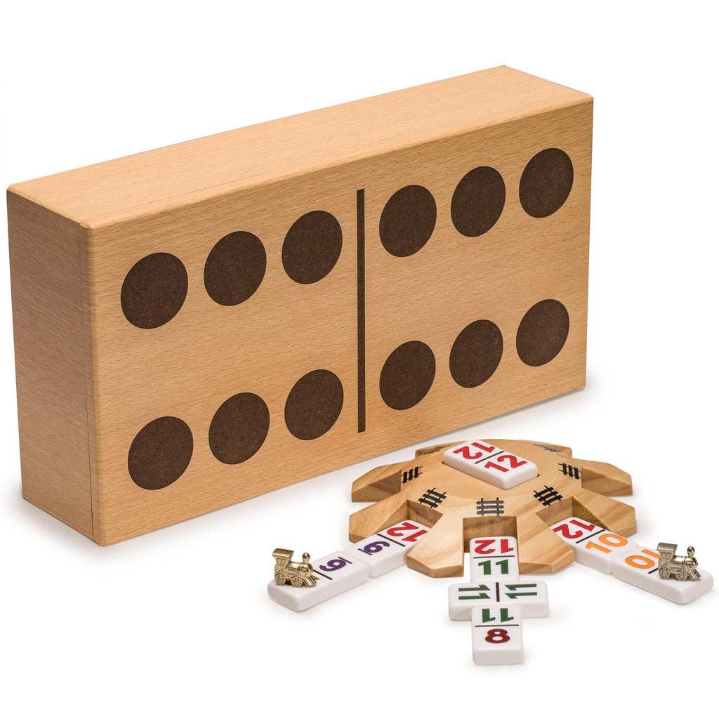 Mexican Train Complete Set with Double 12 Number Dominoes, Wooden Hub, Die Cast Train Markers, and Scorepad-Yellow Mountain Imports-Yellow Mountain Imports