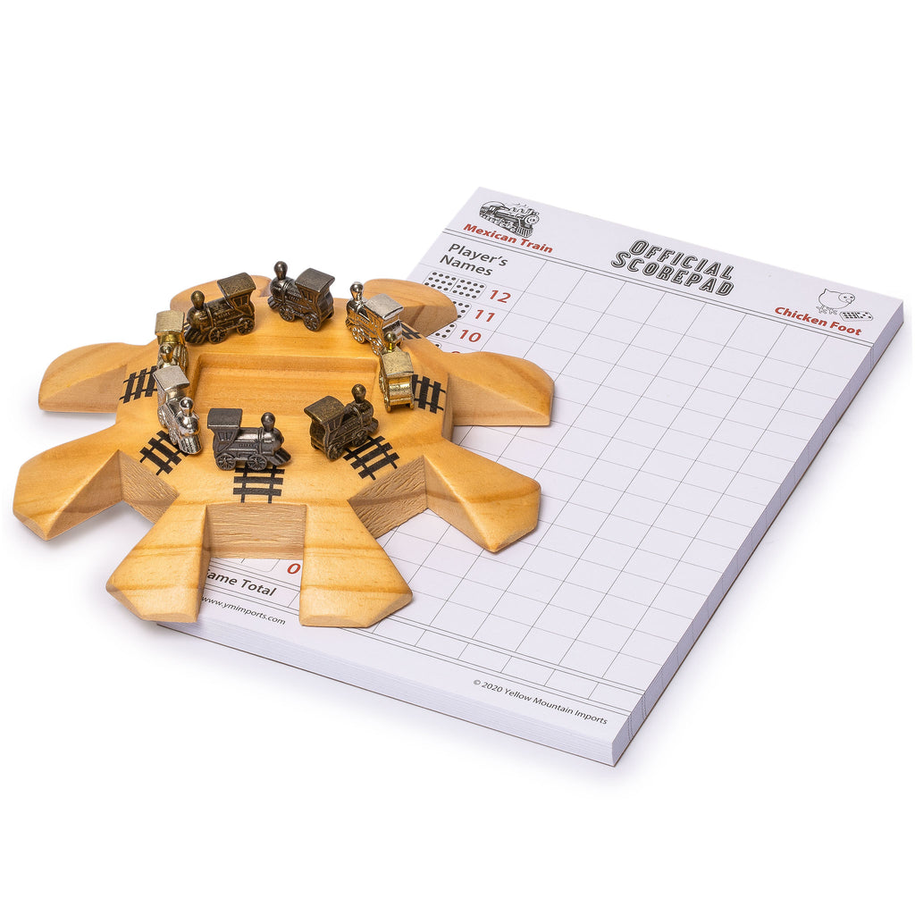 Mexican Train Dominoes Accessory Set (Wooden Hub Centerpiece, Metal Train Markers, and Scorepad)-Yellow Mountain Imports-Yellow Mountain Imports