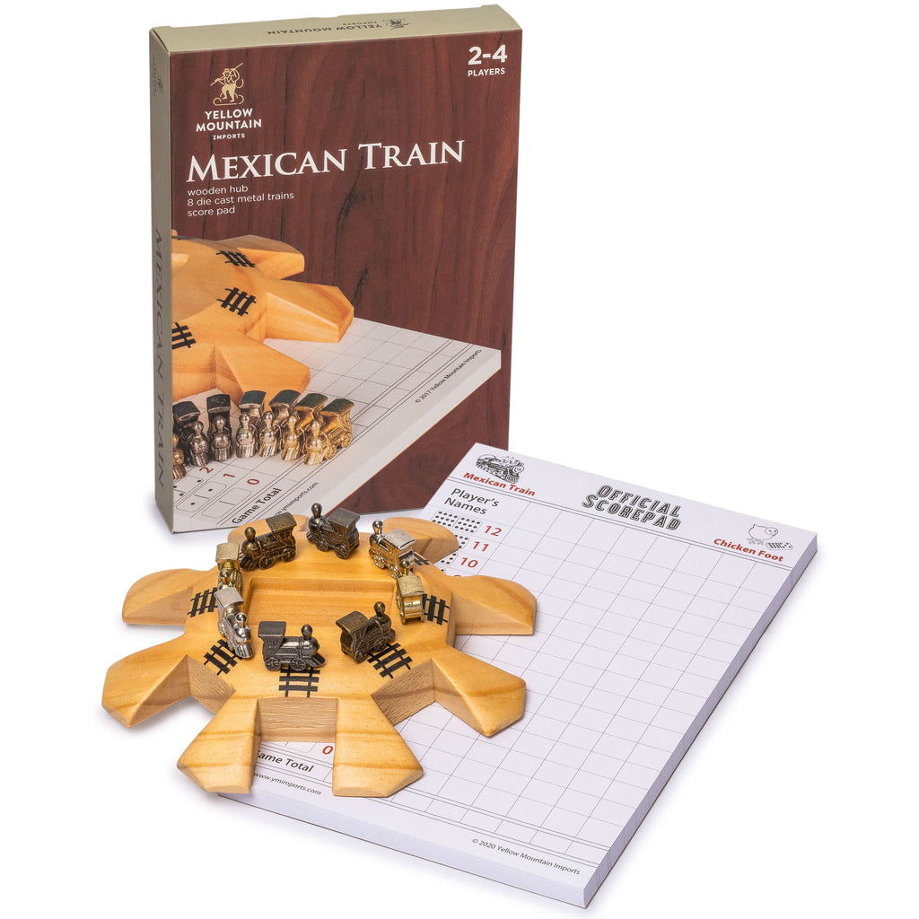 Mexican Train Dominoes Accessory Set (Wooden Hub Centerpiece, Metal Train Markers, and Scorepad)-Yellow Mountain Imports-Yellow Mountain Imports