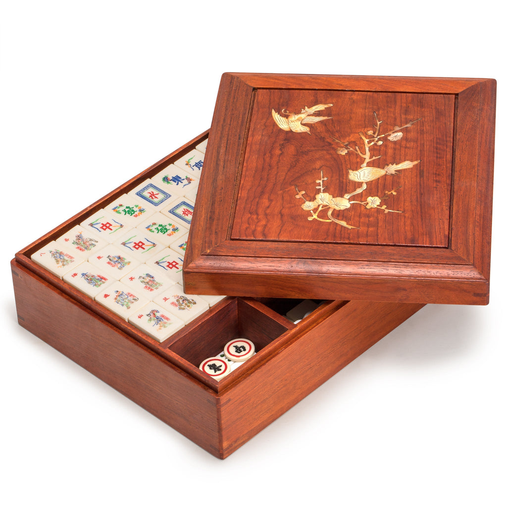 Outlaws of the Marsh Chinese Mahjong Set, "Bone and Bamboo Tiles" in Rosewood Case (The Water Margin) - Set Of Betting Sticks, Dice, & Four Wind Tiles-Yellow Mountain Imports-Yellow Mountain Imports