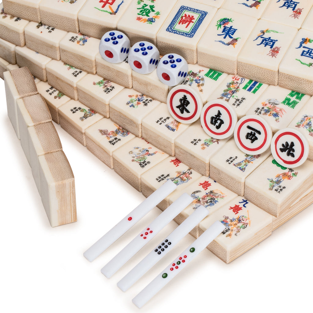 Outlaws of the Marsh Chinese Mahjong Set, "Bone and Bamboo Tiles" in Rosewood Case (The Water Margin) - Set Of Betting Sticks, Dice, & Four Wind Tiles-Yellow Mountain Imports-Yellow Mountain Imports