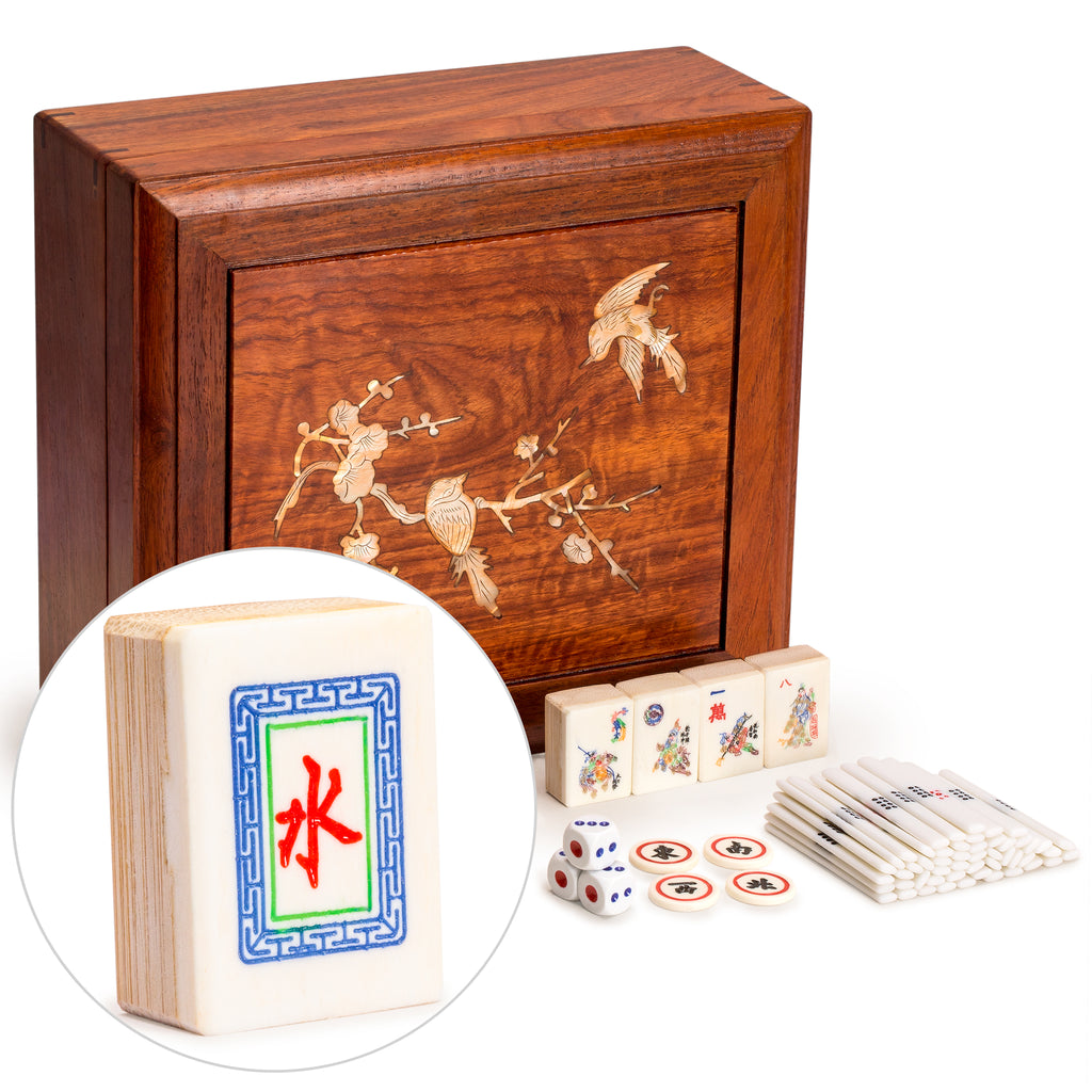 Outlaws of the Marsh Chinese Mahjong Set, "Bone and Bamboo Tiles" in Rosewood Case (The Water Margin) - Set Of Betting Sticks, Dice, & Four Wind Tiles-Yellow Mountain Imports-Yellow Mountain Imports