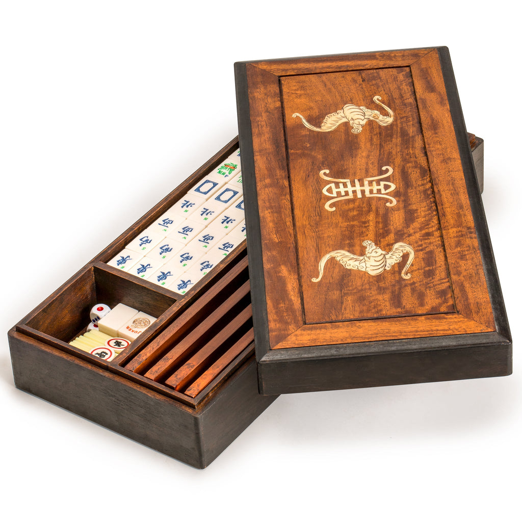Traditional American Mahjong Set, "Bats" - Bone & Bamboo Tiles, Rosewood Case, Racks, Betting Sticks, Dice, & Wind Tiles-Yellow Mountain Imports-Yellow Mountain Imports