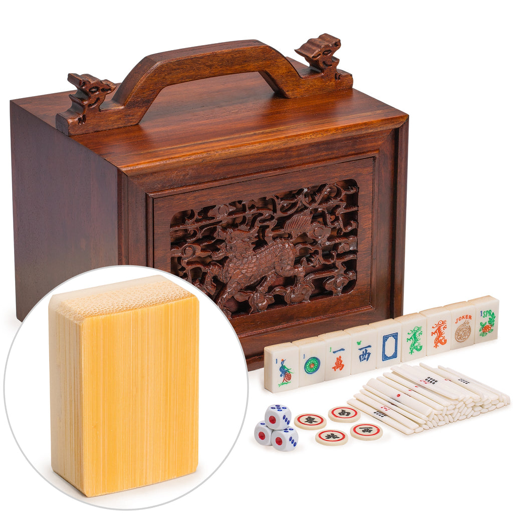 Traditional American Mahjong Set, "Qilin" - Bone and Bamboo Tiles, Rosewood Case, Betting Sticks, Dice, & 4 Wind Tiles-Yellow Mountain Imports-Yellow Mountain Imports